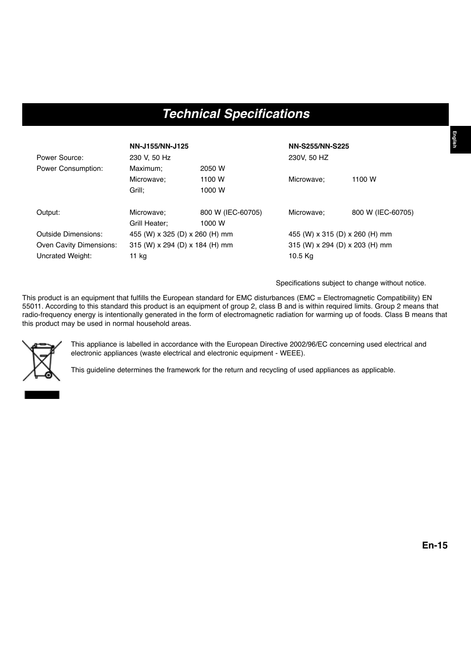 Technical specifications, En-15 | Panasonic NNS255WBWPG User Manual | Page 17 / 62