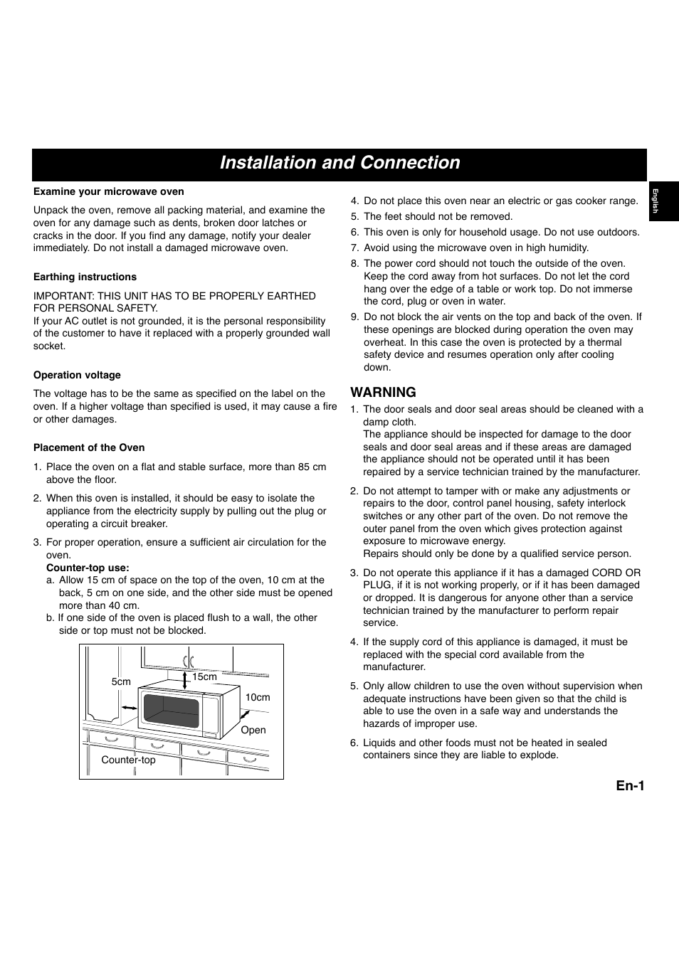 Installation and connection, En-1, Warning | Panasonic NNS255WBWPG User Manual | Page 3 / 62