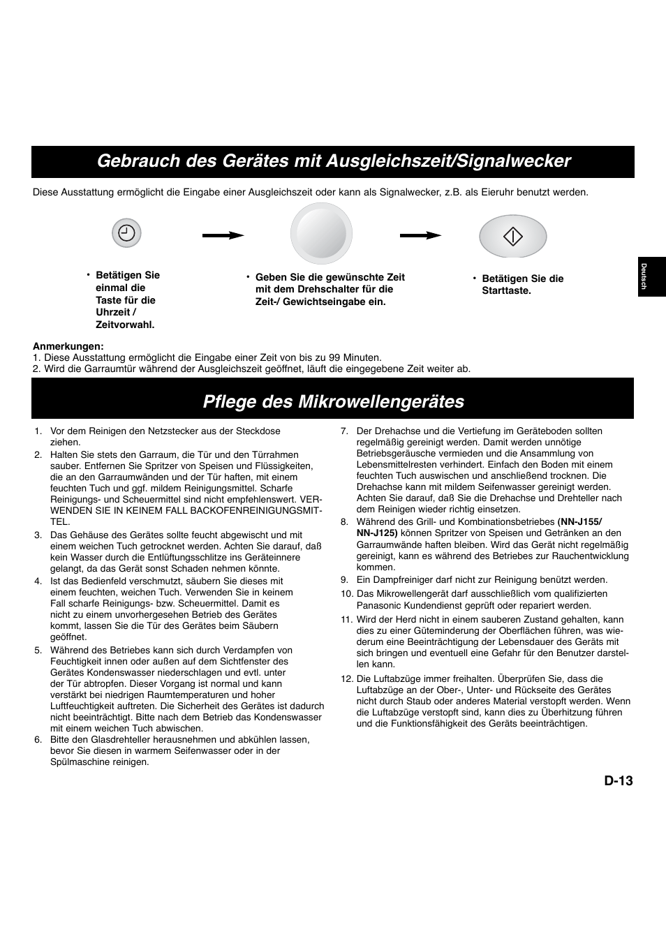 Pflege des mikrowellengerätes, D-13 | Panasonic NNS255WBWPG User Manual | Page 30 / 62