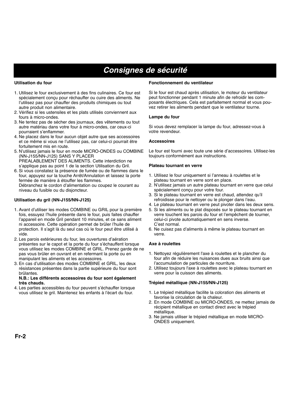 Consignes de sécurité, Fr-2 | Panasonic NNS255WBWPG User Manual | Page 34 / 62