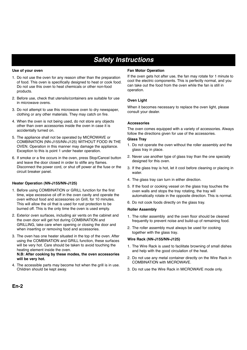 Safety instructions, En-2 | Panasonic NNS255WBWPG User Manual | Page 4 / 62