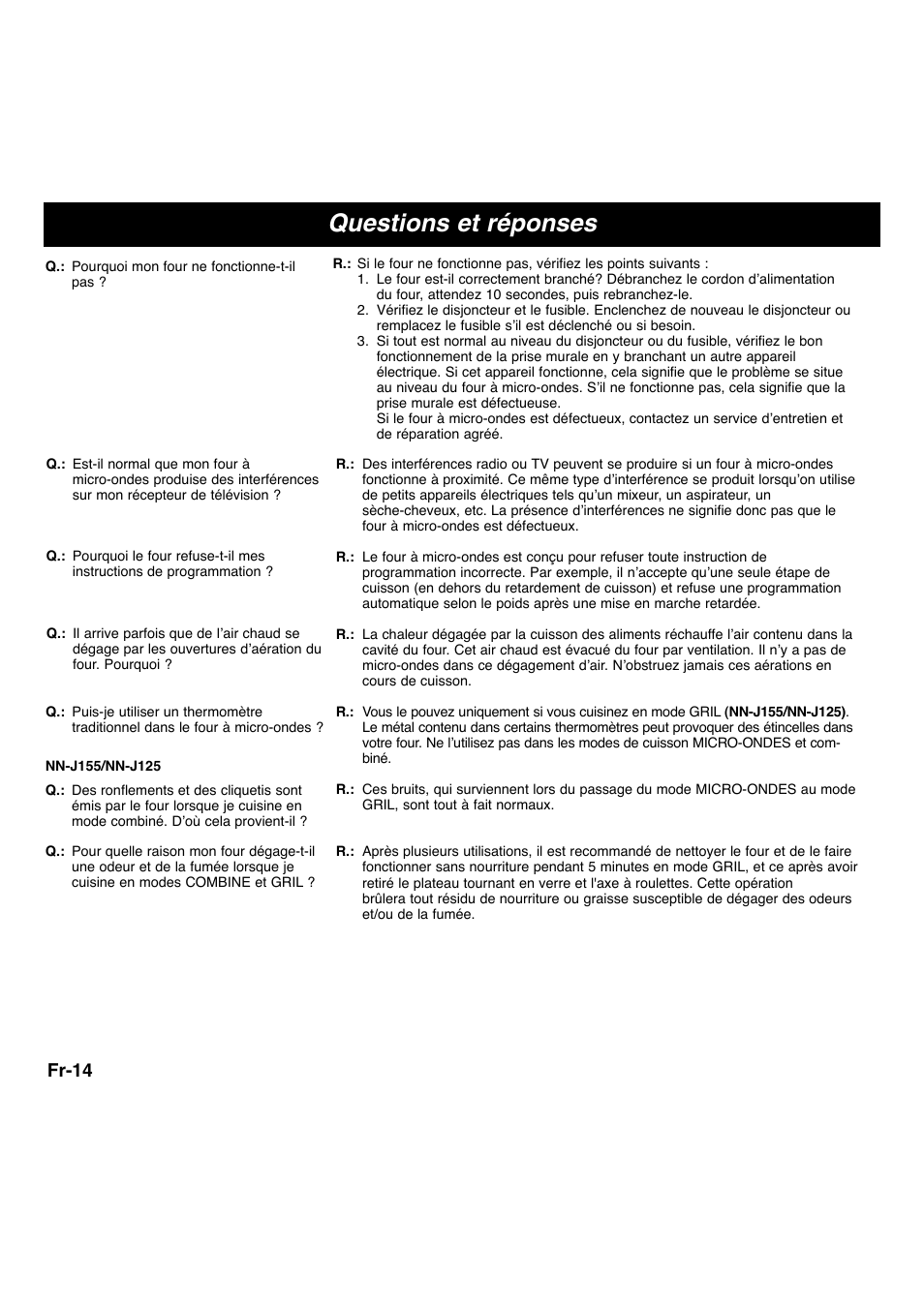 Questions et réponses, Fr-14 | Panasonic NNS255WBWPG User Manual | Page 46 / 62