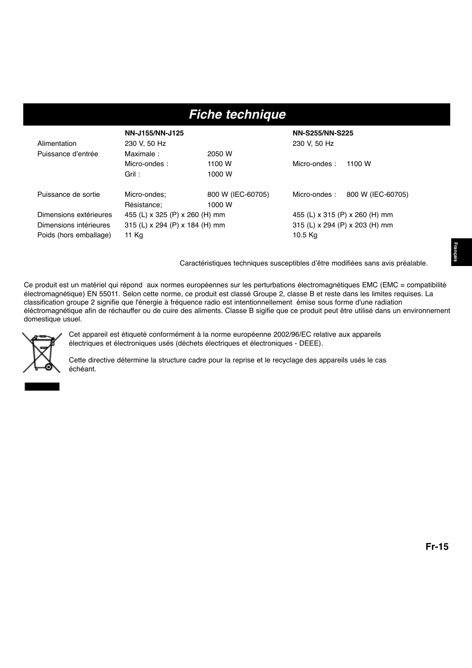 Fiche technique, Fr-15 | Panasonic NNS255WBWPG User Manual | Page 47 / 62