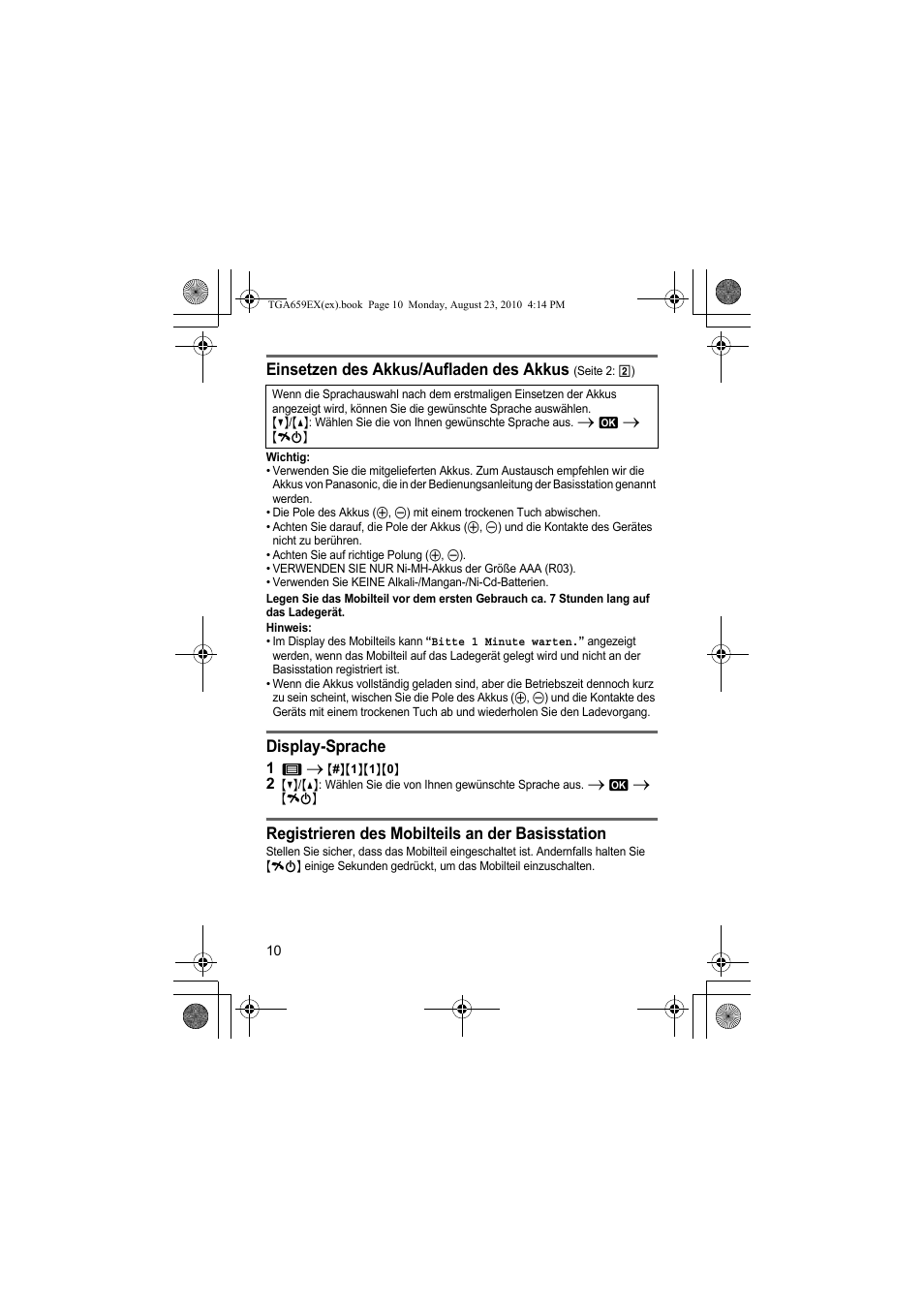 Einsetzen des akkus/aufladen des akkus, Display-sprache, Registrieren des mobilteils an der basisstation | Panasonic KXTGA659EX User Manual | Page 10 / 44