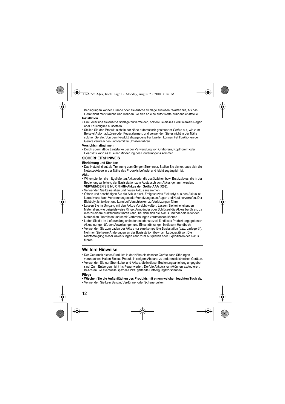 Weitere hinweise | Panasonic KXTGA659EX User Manual | Page 12 / 44