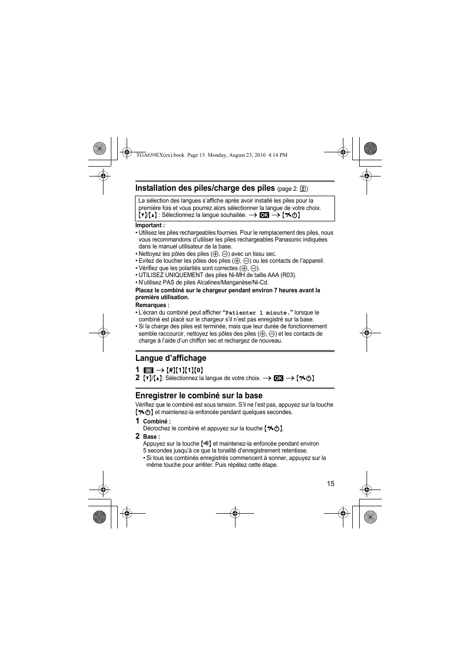 Installation des piles/charge des piles, Langue d’affichage, Enregistrer le combiné sur la base | Panasonic KXTGA659EX User Manual | Page 15 / 44