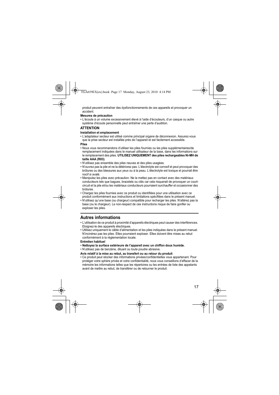 Autres informations | Panasonic KXTGA659EX User Manual | Page 17 / 44