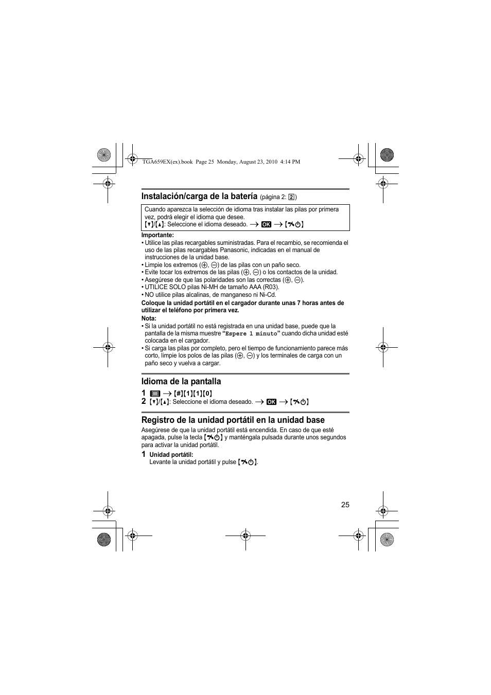 Instalación/carga de la batería, Idioma de la pantalla, Registro de la unidad portátil en la unidad base | Panasonic KXTGA659EX User Manual | Page 25 / 44