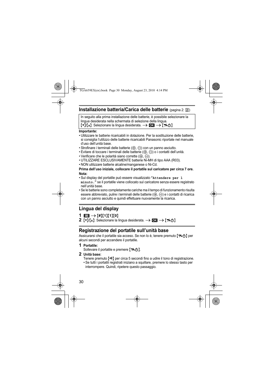 Installazione batteria/carica delle batterie, Lingua del display, Registrazione del portatile sull’unità base | Panasonic KXTGA659EX User Manual | Page 30 / 44