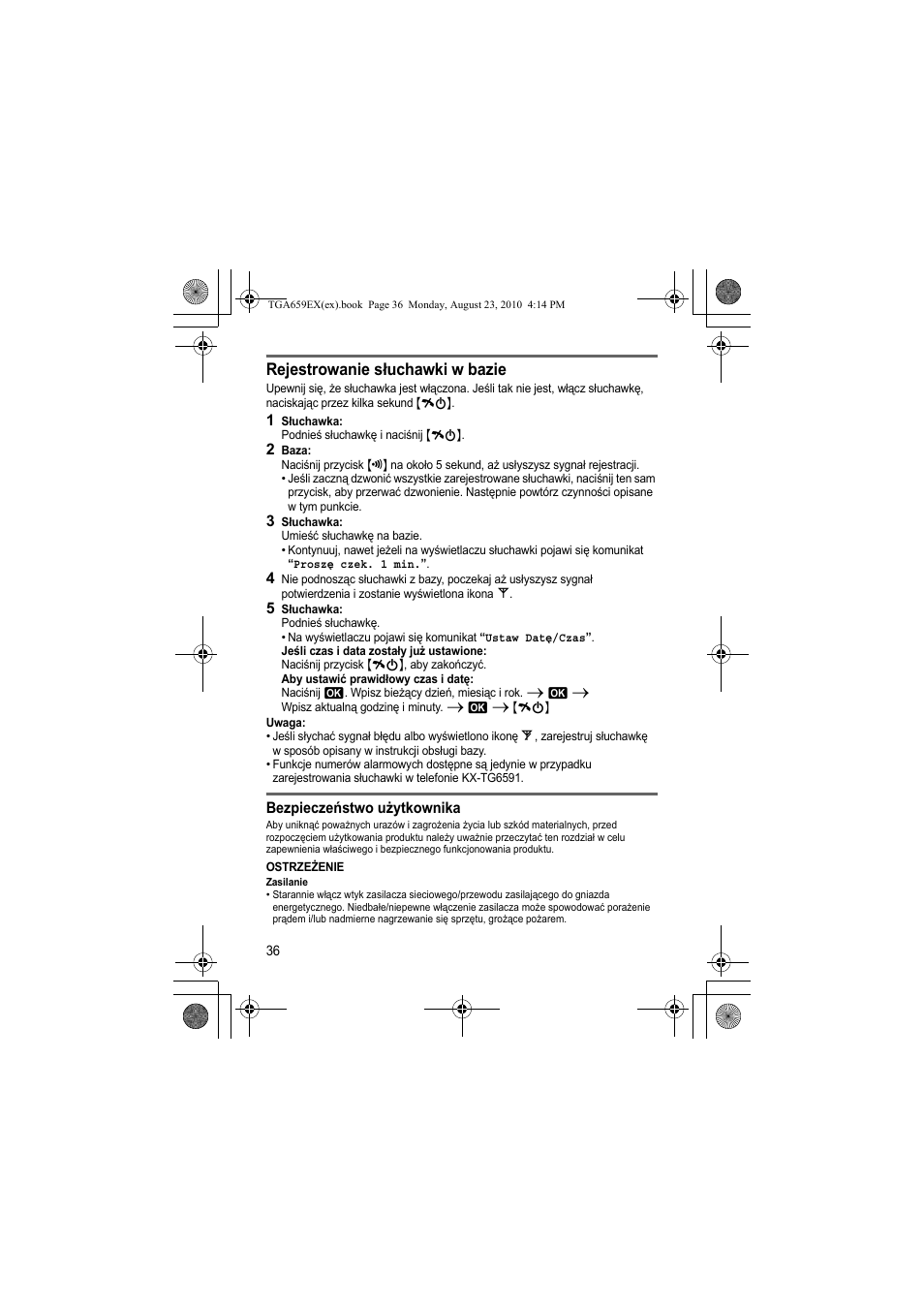 Rejestrowanie słuchawki w bazie | Panasonic KXTGA659EX User Manual | Page 36 / 44