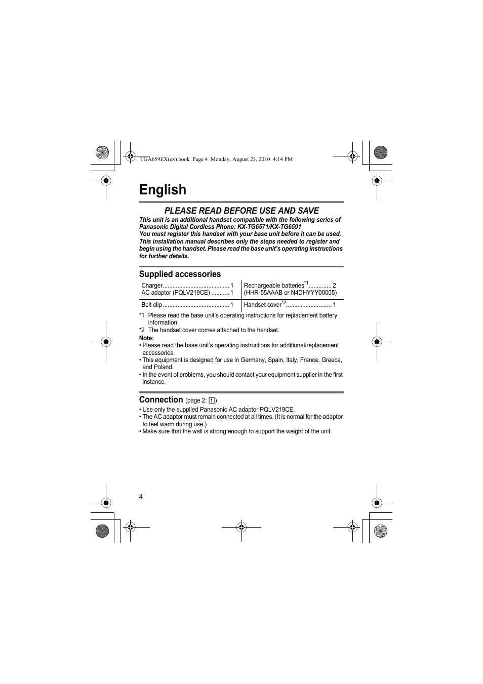 English, Please read before use and save, Supplied accessories | Connection | Panasonic KXTGA659EX User Manual | Page 4 / 44