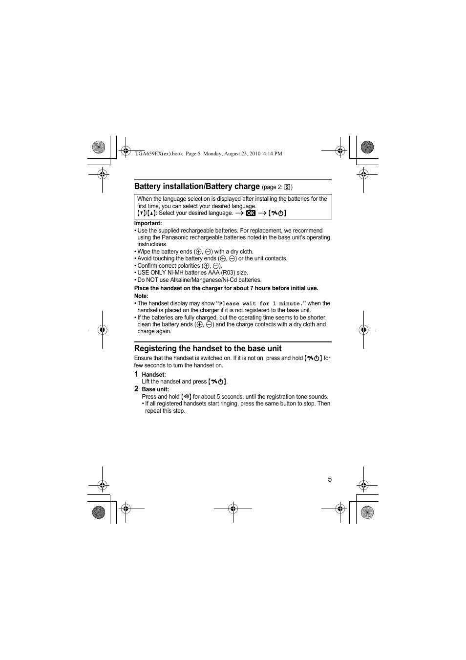 Battery installation/battery charge, Registering the handset to the base unit | Panasonic KXTGA659EX User Manual | Page 5 / 44