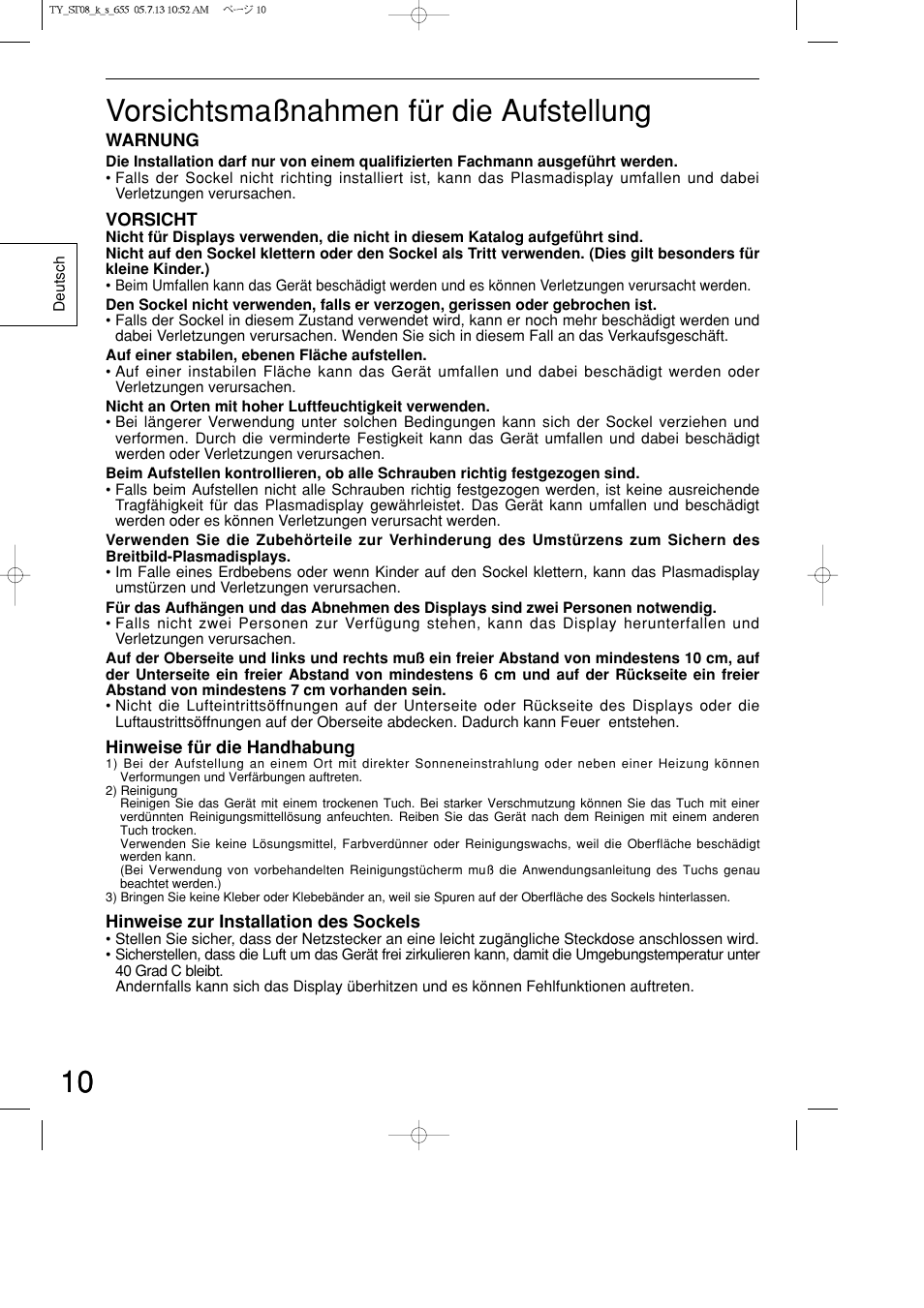 10 vorsichtsmaßnahmen für die aufstellung | Panasonic TYST08K User Manual | Page 10 / 52