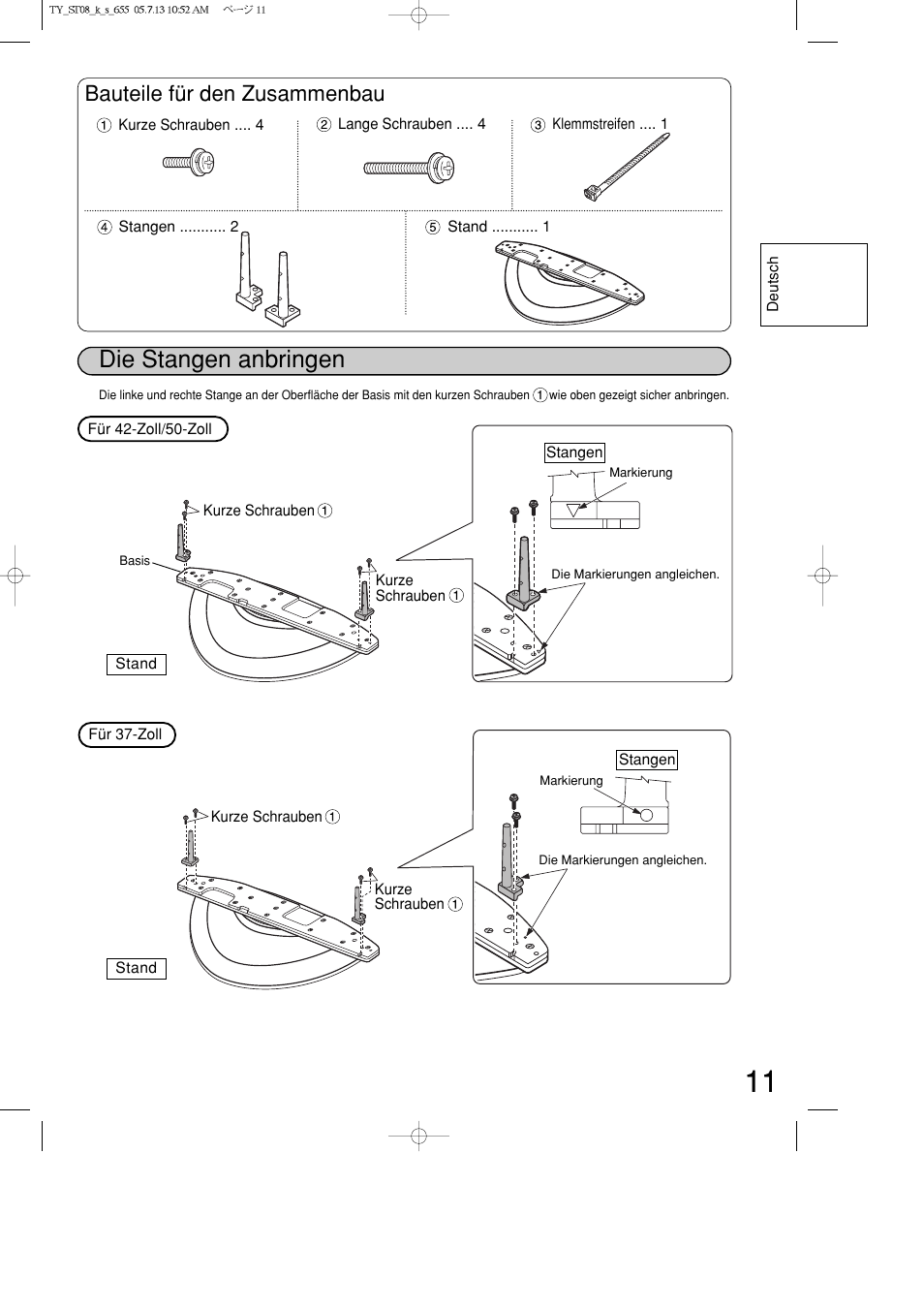 Die stangen anbringen, Bauteile für den zusammenbau | Panasonic TYST08K User Manual | Page 11 / 52