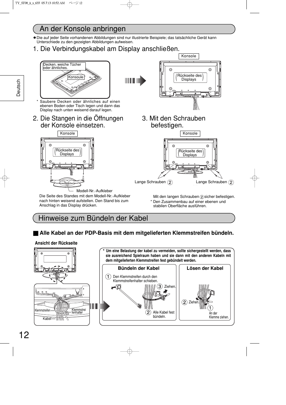 Hinweise zum bündeln der kabel, An der konsole anbringen | Panasonic TYST08K User Manual | Page 12 / 52