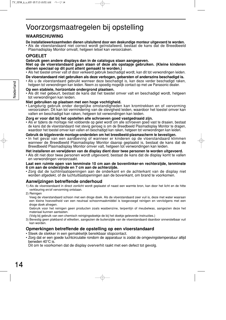 14 voorzorgsmaatregelen bij opstelling | Panasonic TYST08K User Manual | Page 14 / 52