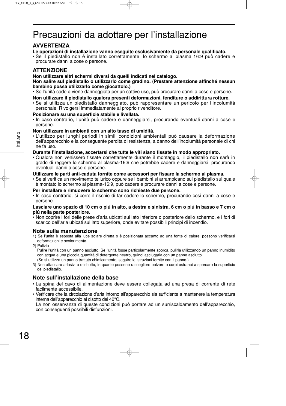 18 precauzioni da adottare per l’installazione | Panasonic TYST08K User Manual | Page 18 / 52