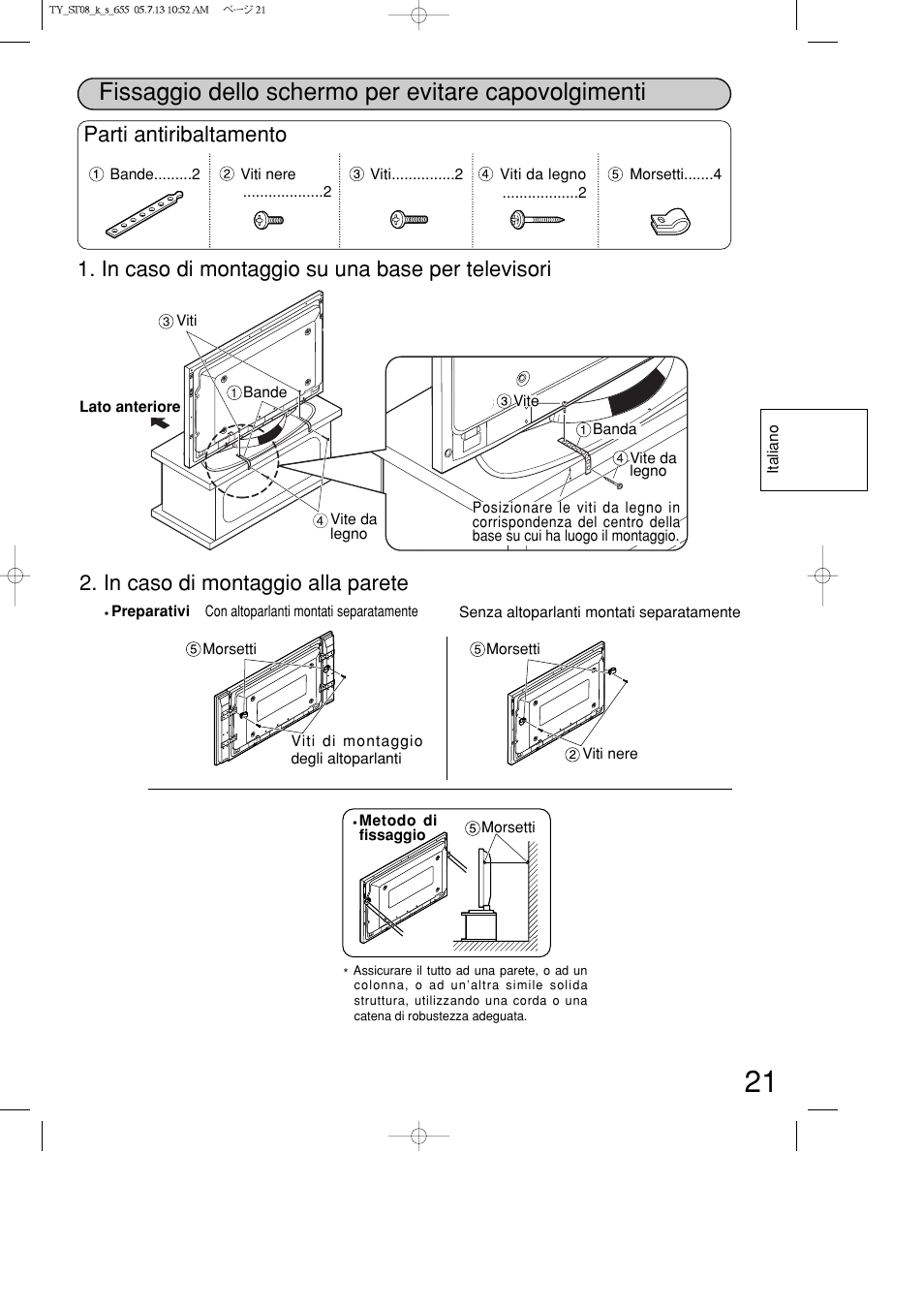 Fissaggio dello schermo per evitare capovolgimenti, Parti antiribaltamento | Panasonic TYST08K User Manual | Page 21 / 52