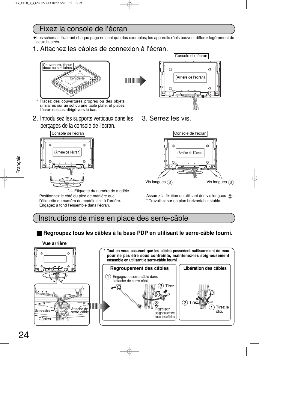 Instructions de mise en place des serre-câble, Fixez la console de l’écran | Panasonic TYST08K User Manual | Page 24 / 52