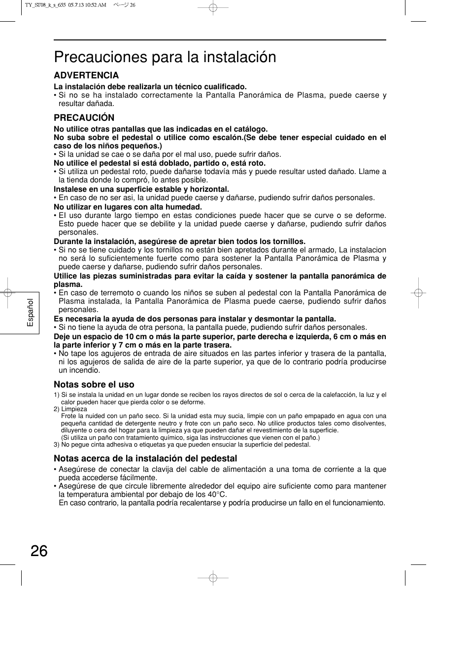 26 precauciones para la instalación | Panasonic TYST08K User Manual | Page 26 / 52