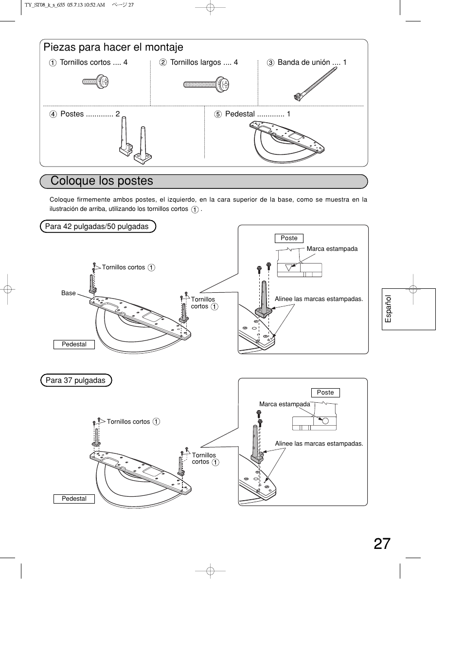 Coloque los postes, Piezas para hacer el montaje | Panasonic TYST08K User Manual | Page 27 / 52