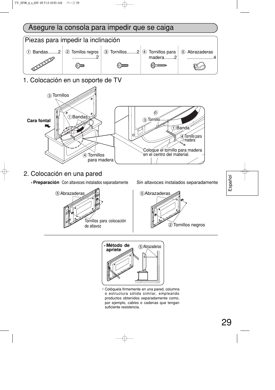 Asegure la consola para impedir que se caiga, Piezas para impedir la inclinación | Panasonic TYST08K User Manual | Page 29 / 52