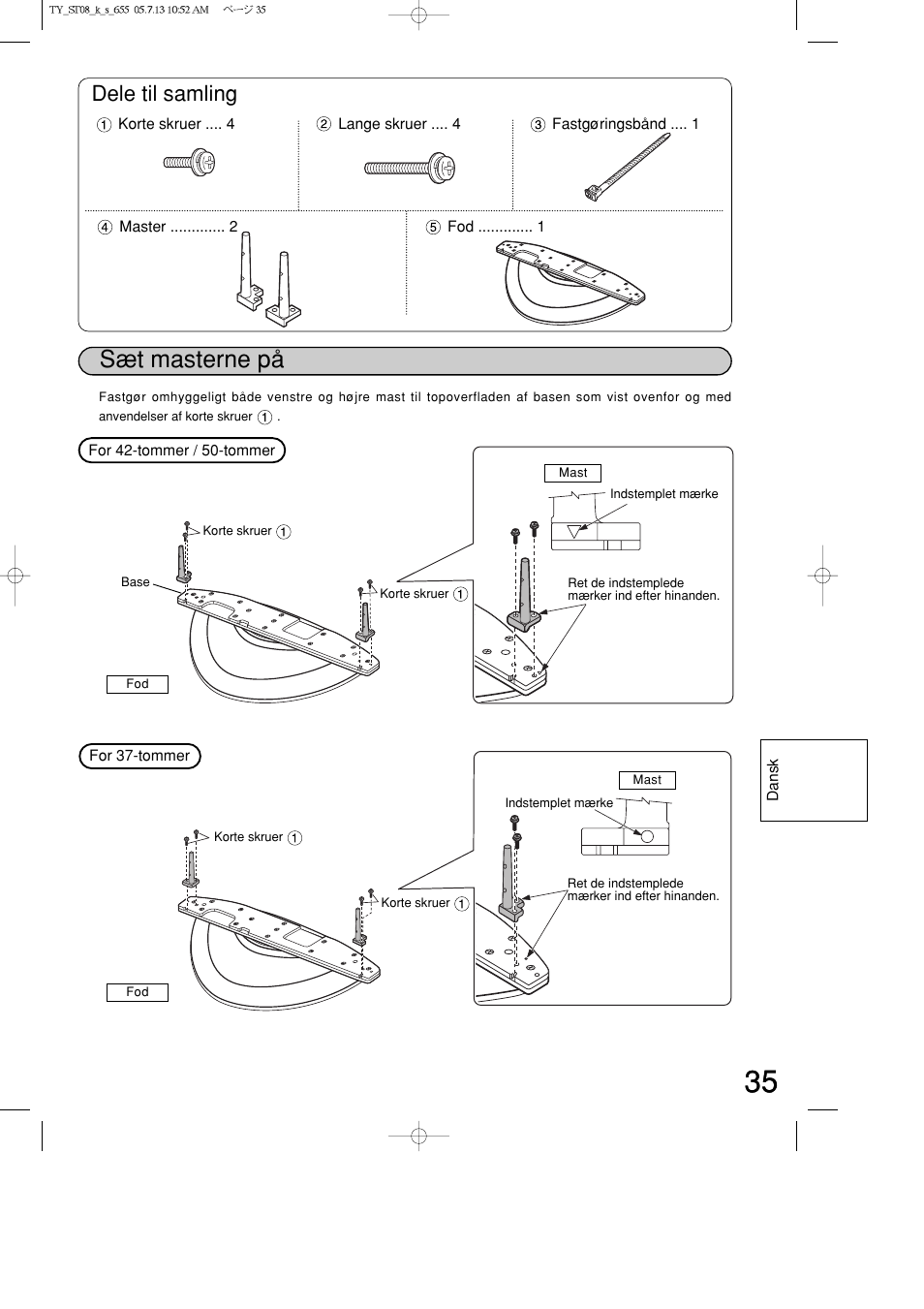 Sæt masterne på, Dele til samling | Panasonic TYST08K User Manual | Page 35 / 52