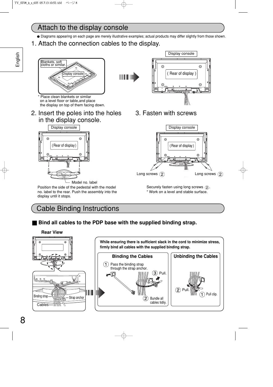 Attach to the display console, Cable binding instructions, Attach the connection cables to the display | Panasonic TYST08K User Manual | Page 8 / 52
