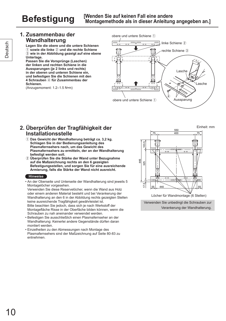 Befestigung, Zusammenbau der wandhalterung, Deutsch | Panasonic TYWK4P1RW User Manual | Page 10 / 84