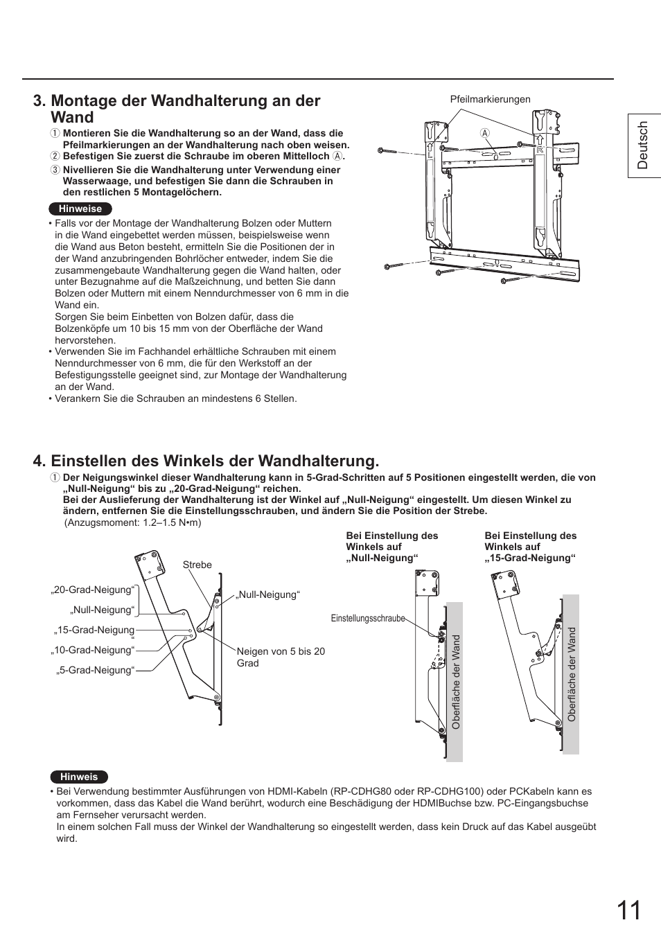 Montage der wandhalterung an der wand, Einstellen des winkels der wandhalterung, Deutsch | Panasonic TYWK4P1RW User Manual | Page 11 / 84