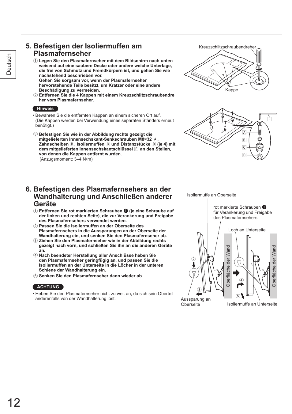 Befestigen der isoliermuffen am plasmafernseher, Deutsch | Panasonic TYWK4P1RW User Manual | Page 12 / 84