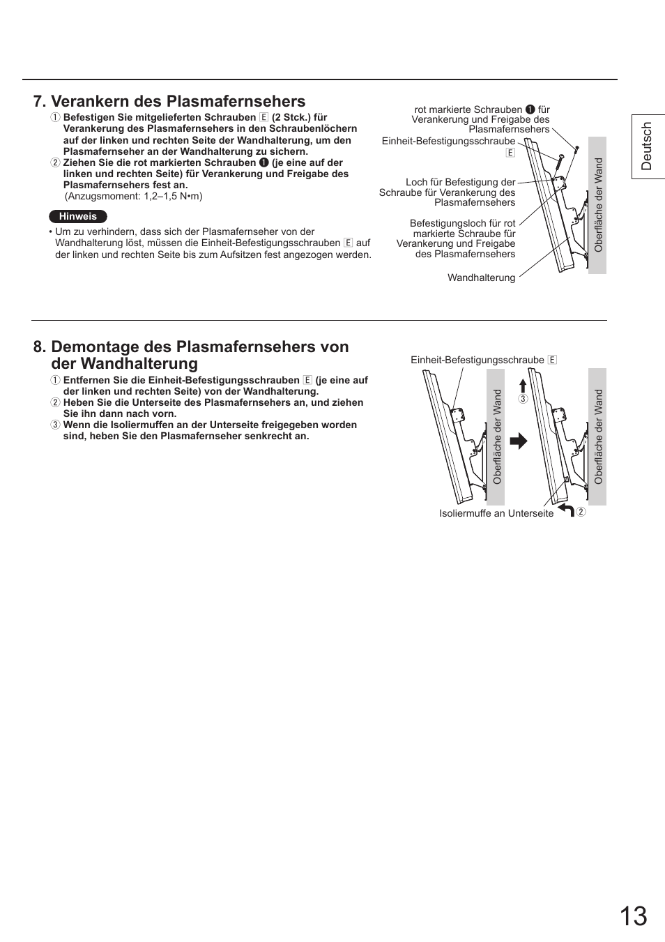 Verankern des plasmafernsehers, Deutsch | Panasonic TYWK4P1RW User Manual | Page 13 / 84