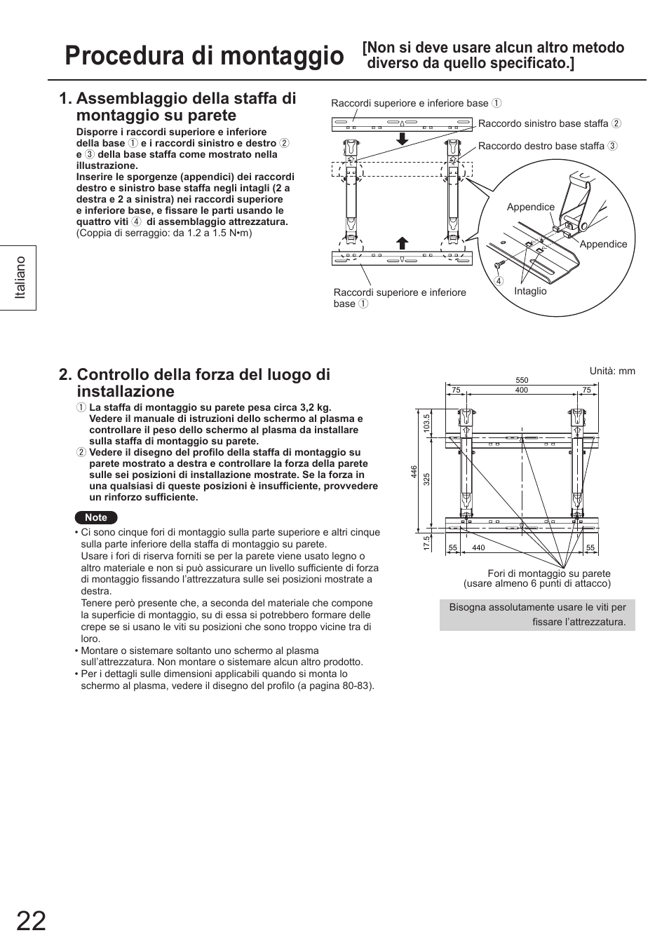 Procedura di montaggio, Assemblaggio della staffa di montaggio su parete, Controllo della forza del luogo di installazione | Italiano | Panasonic TYWK4P1RW User Manual | Page 22 / 84