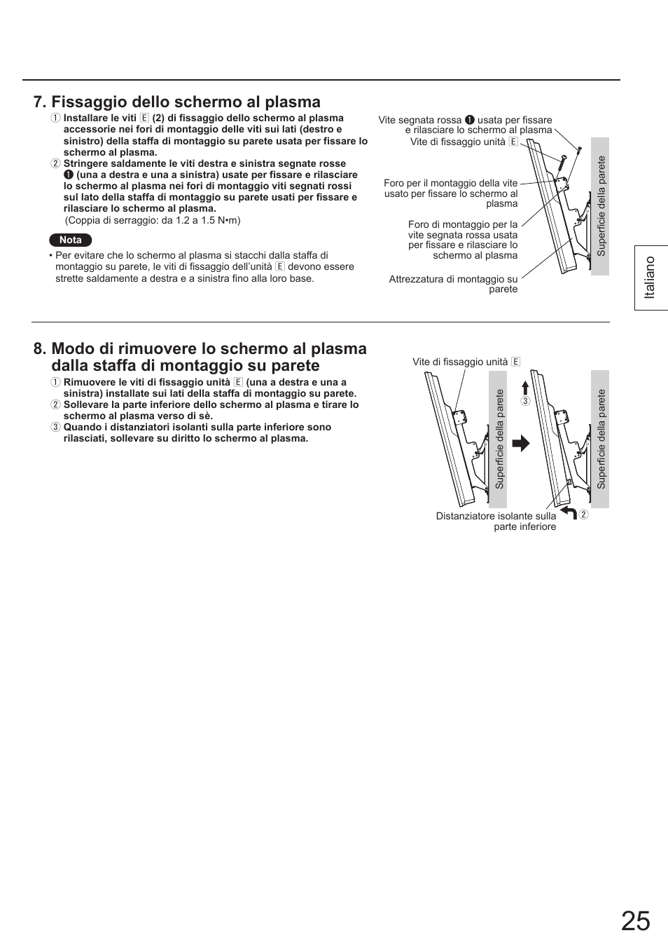 Fissaggio dello schermo al plasma, Italiano | Panasonic TYWK4P1RW User Manual | Page 25 / 84