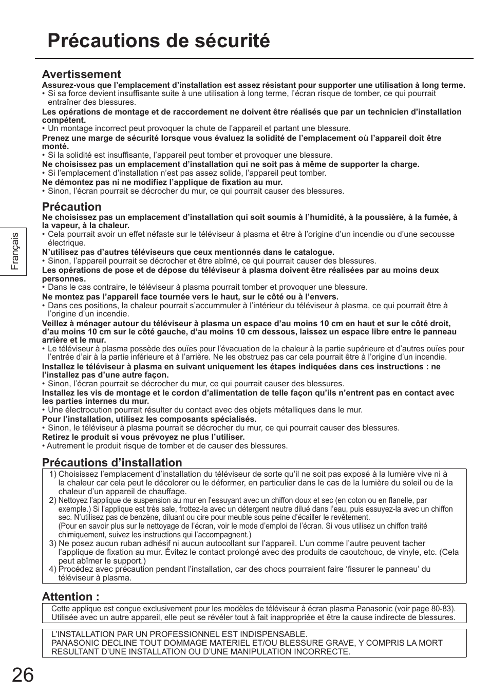 Précautions de sécurité, Avertissement, Précaution | Précautions d’installation, Attention | Panasonic TYWK4P1RW User Manual | Page 26 / 84