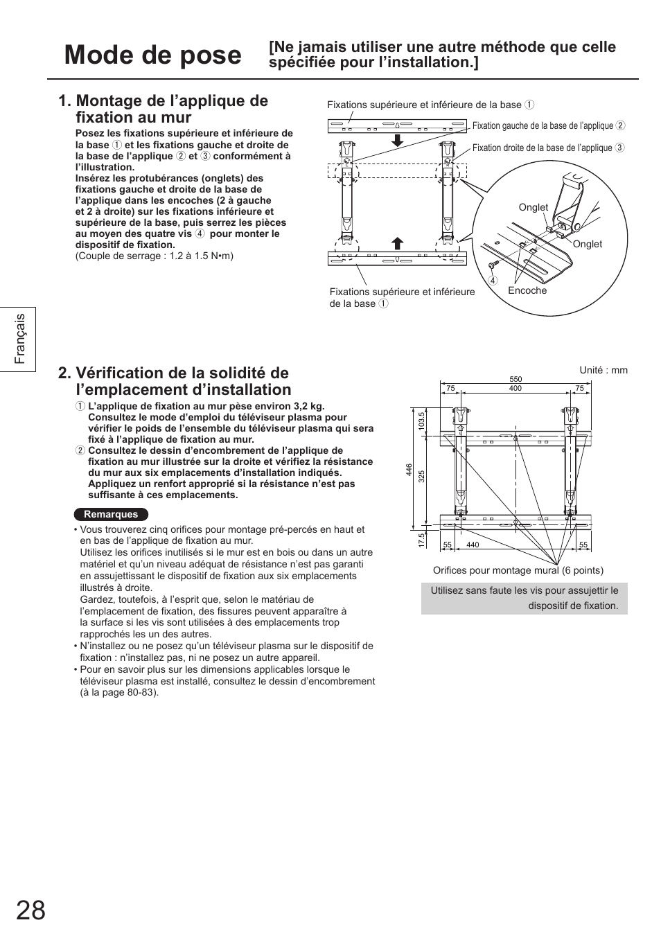 Mode de pose, Montage de l’applique de fixation au mur, Français | Panasonic TYWK4P1RW User Manual | Page 28 / 84