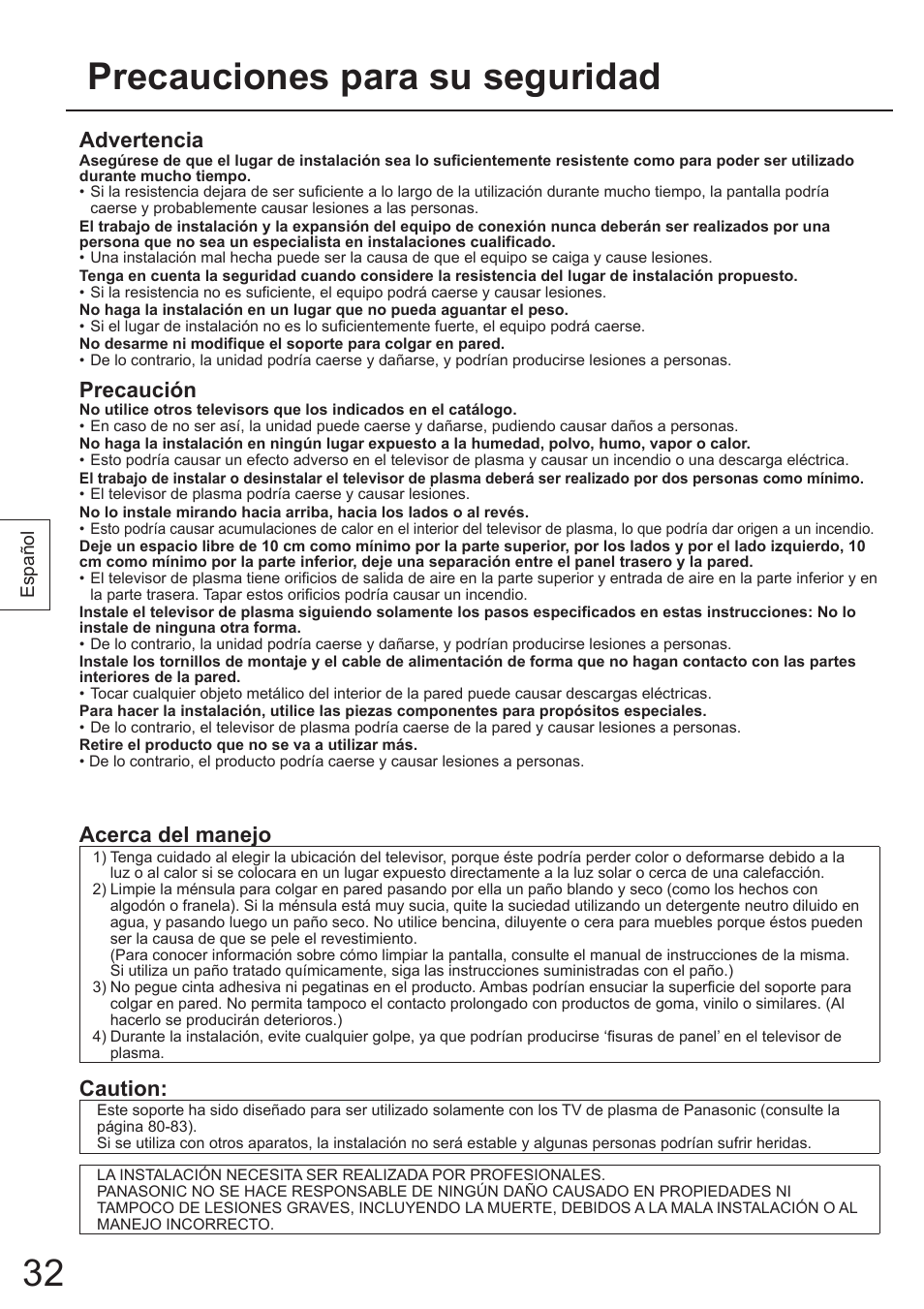 Precauciones para su seguridad, Advertencia, Precaución | Acerca del manejo, Caution | Panasonic TYWK4P1RW User Manual | Page 32 / 84