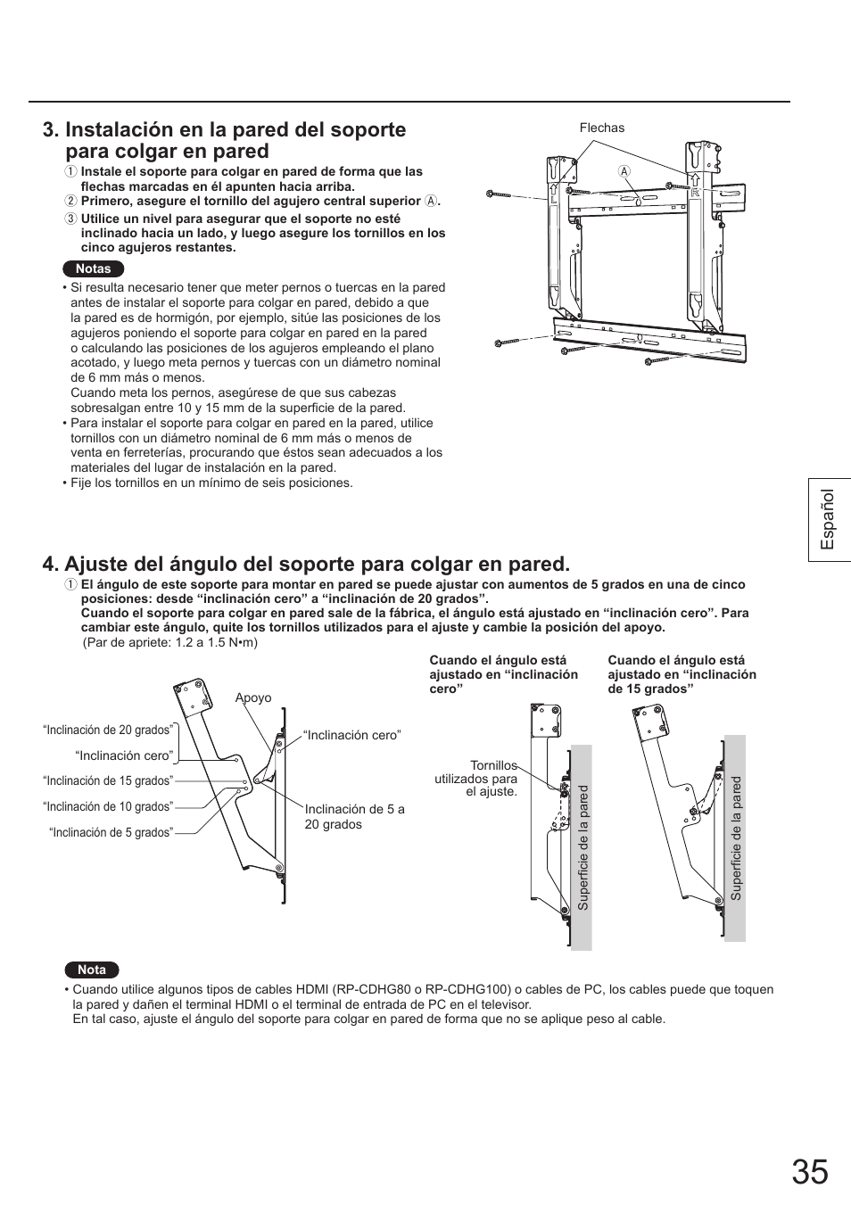 Ajuste del ángulo del soporte para colgar en pared, Español | Panasonic TYWK4P1RW User Manual | Page 35 / 84