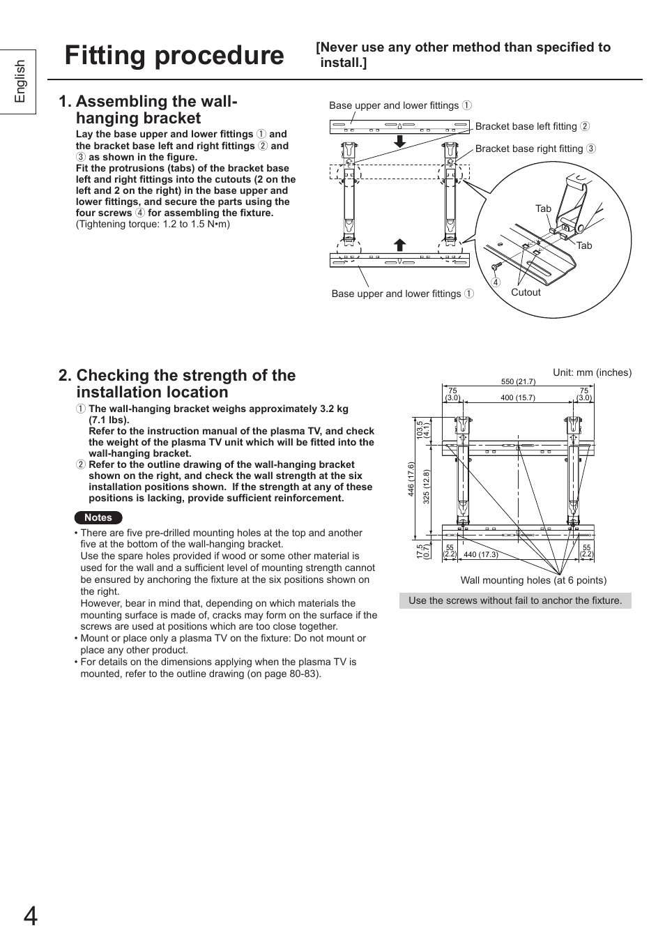 Fitting procedure, Assembling the wall- hanging bracket, Checking the strength of the installation location | English | Panasonic TYWK4P1RW User Manual | Page 4 / 84