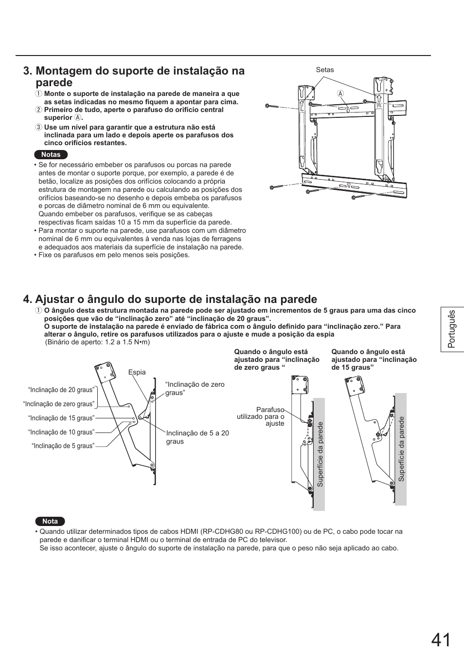 Montagem do suporte de instalação na parede, Português | Panasonic TYWK4P1RW User Manual | Page 41 / 84