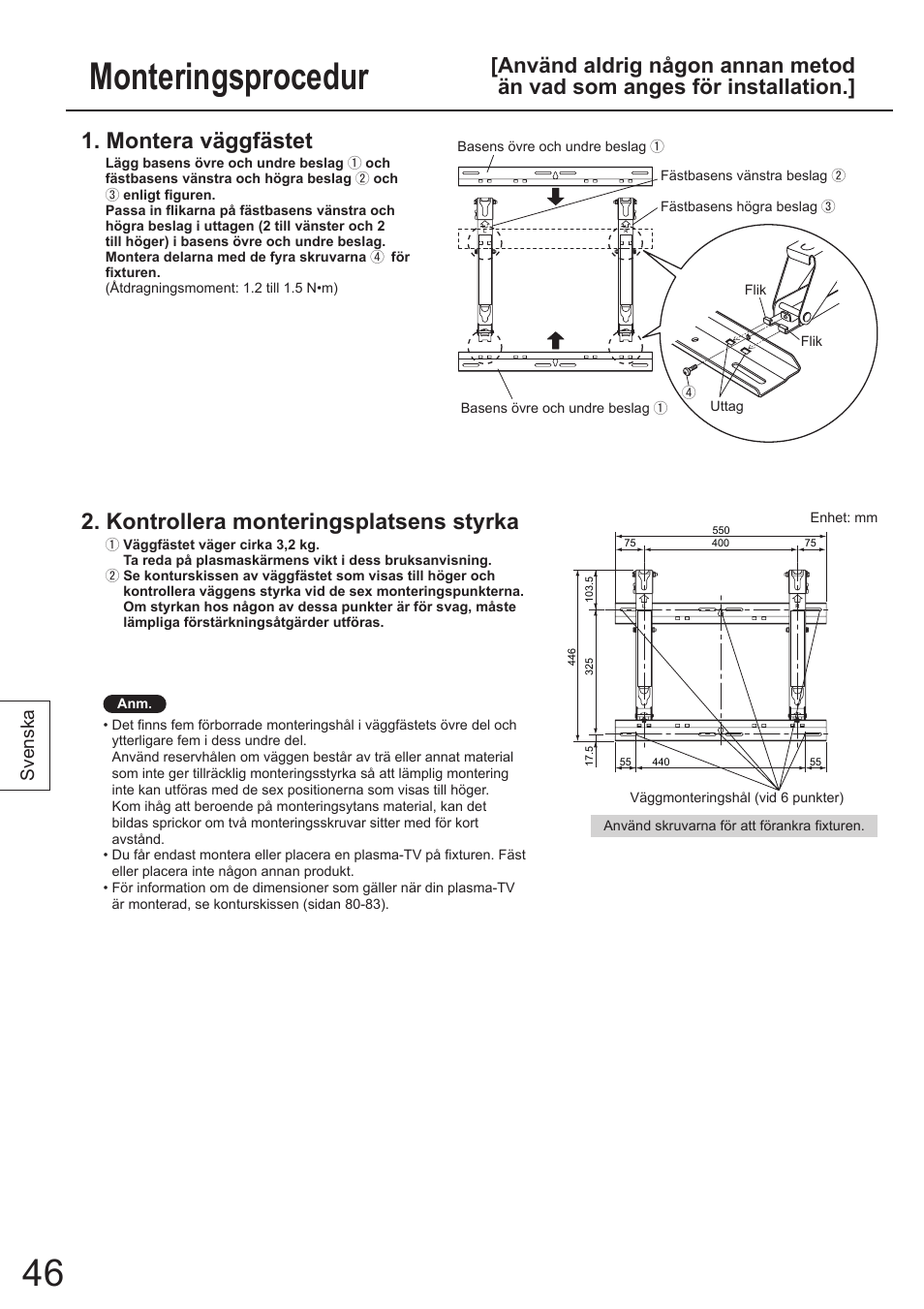 Monteringsprocedur, Montera väggfästet, Kontrollera monteringsplatsens styrka | Svenska | Panasonic TYWK4P1RW User Manual | Page 46 / 84