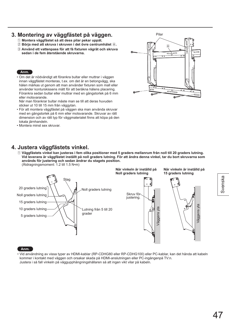 Montering av väggfästet på väggen, Justera väggfästets vinkel, Svenska | Panasonic TYWK4P1RW User Manual | Page 47 / 84