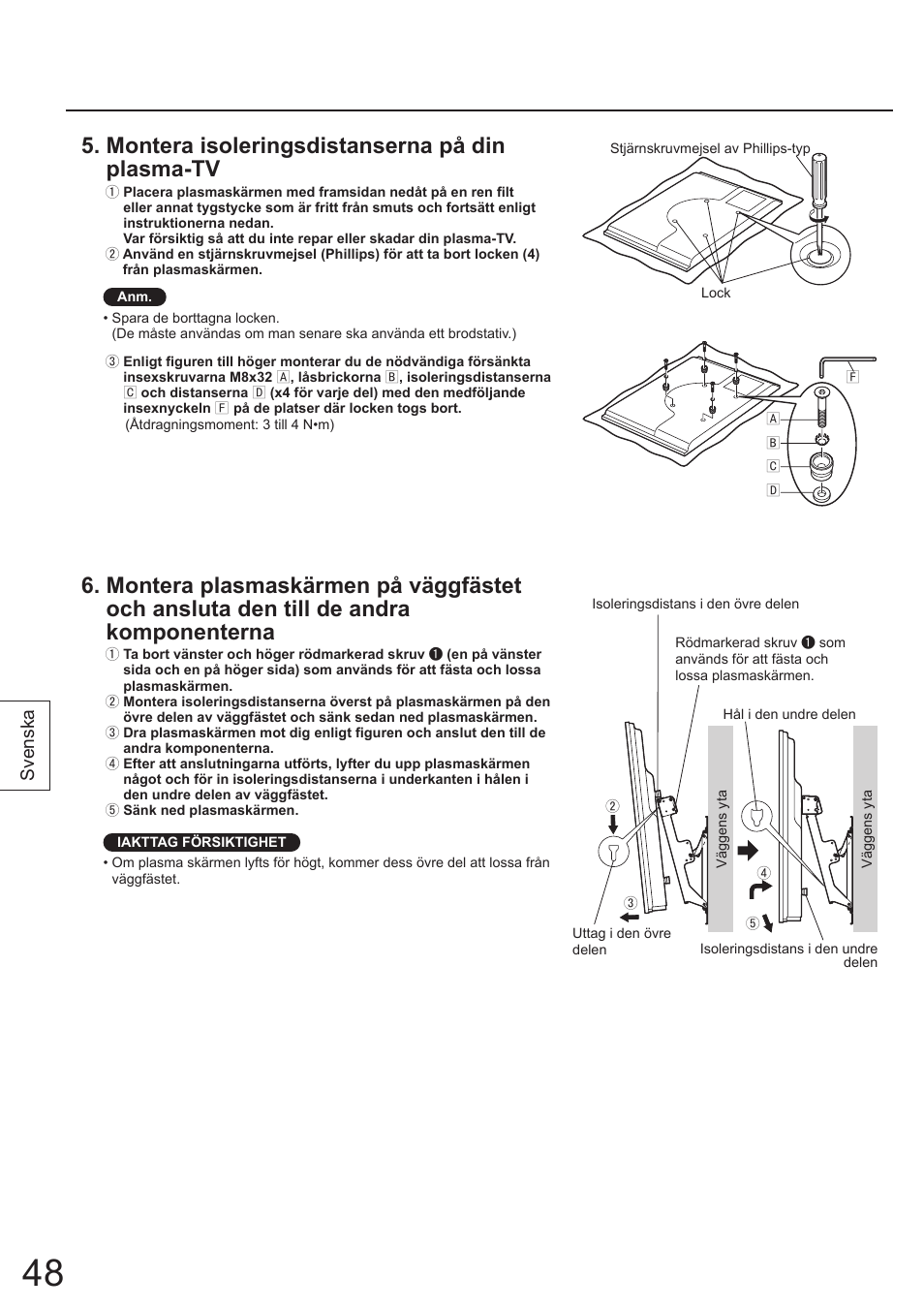 Montera isoleringsdistanserna på din plasma-tv, Svenska | Panasonic TYWK4P1RW User Manual | Page 48 / 84