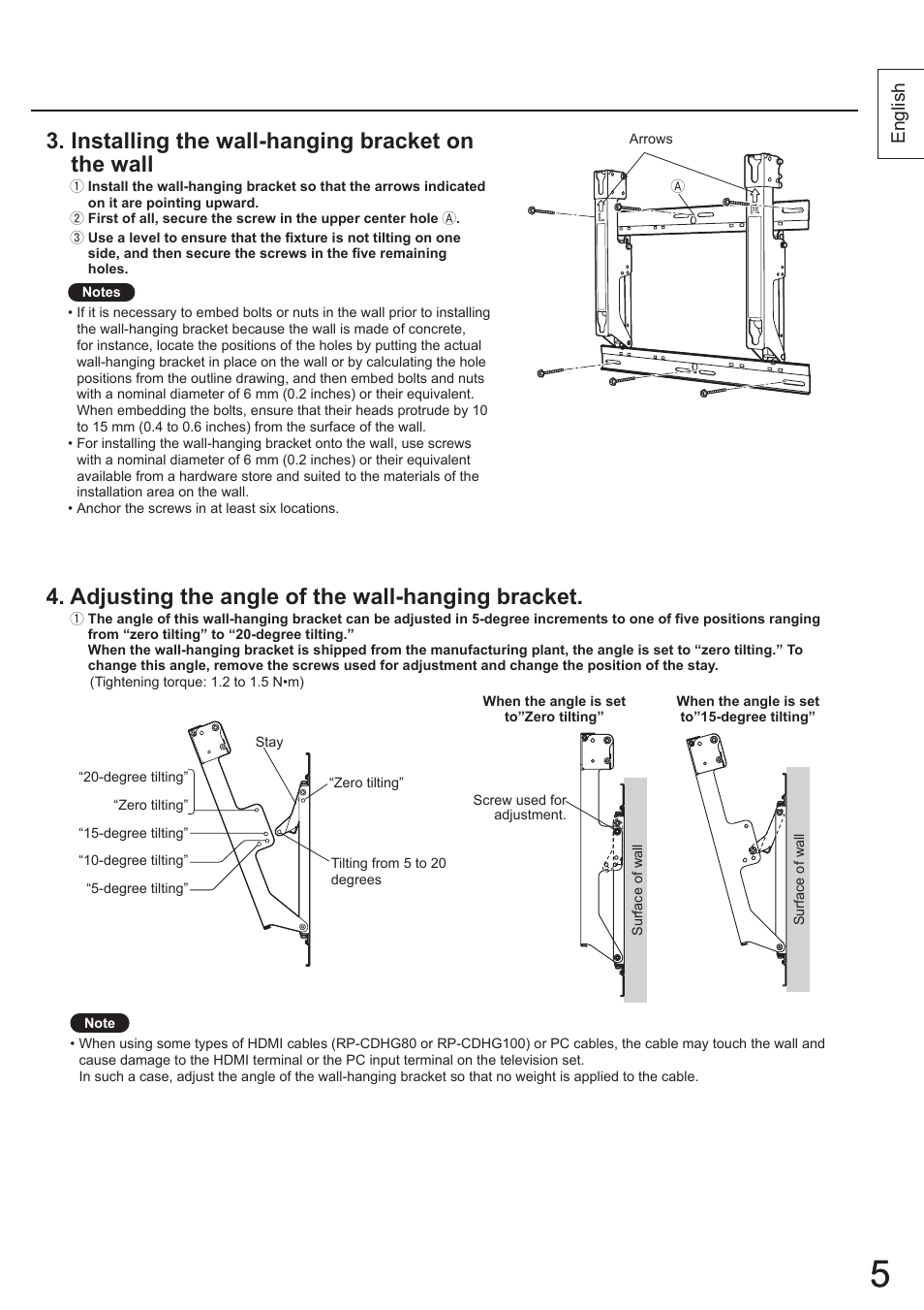 Installing the wall-hanging bracket on the wall, Adjusting the angle of the wall-hanging bracket | Panasonic TYWK4P1RW User Manual | Page 5 / 84