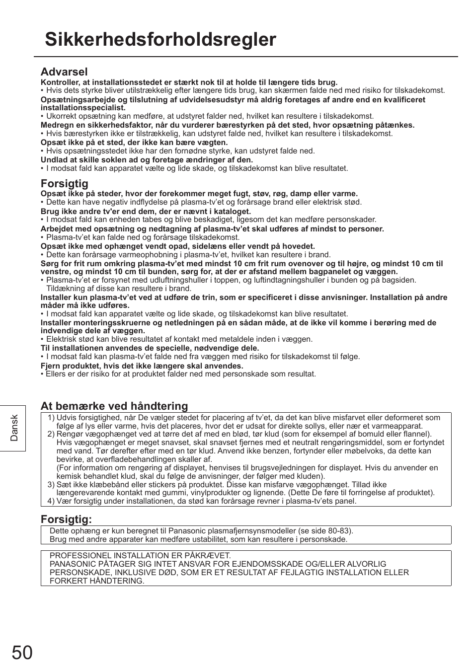 Sikkerhedsforholdsregler, Advarsel, Forsigtig | At bemærke ved håndtering | Panasonic TYWK4P1RW User Manual | Page 50 / 84