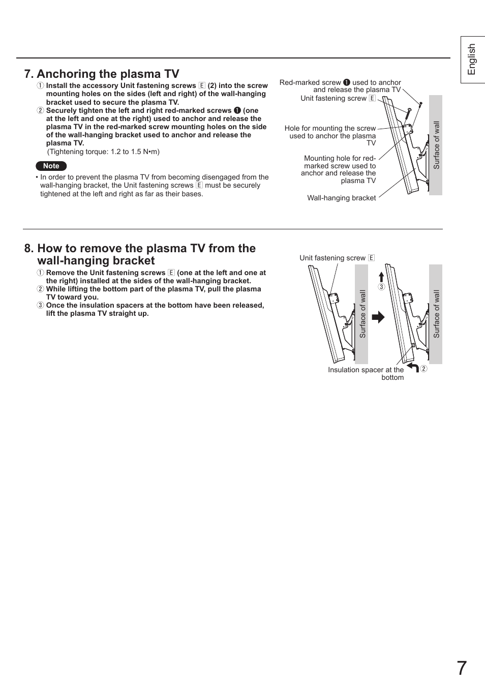Anchoring the plasma tv, English | Panasonic TYWK4P1RW User Manual | Page 7 / 84