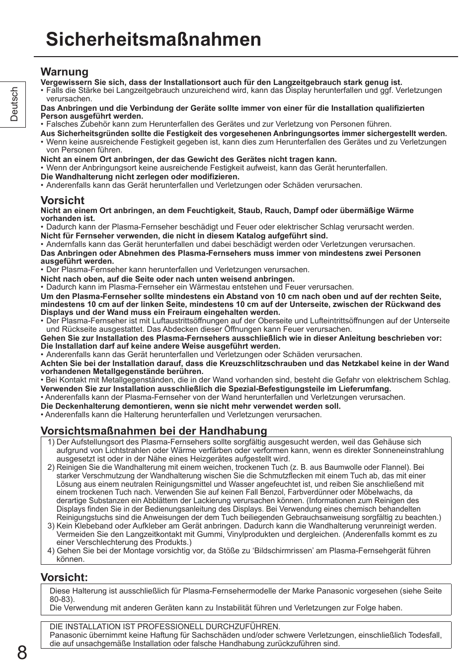 Sicherheitsmaßnahmen, Warnung, Vorsicht | Vorsichtsmaßnahmen bei der handhabung | Panasonic TYWK4P1RW User Manual | Page 8 / 84