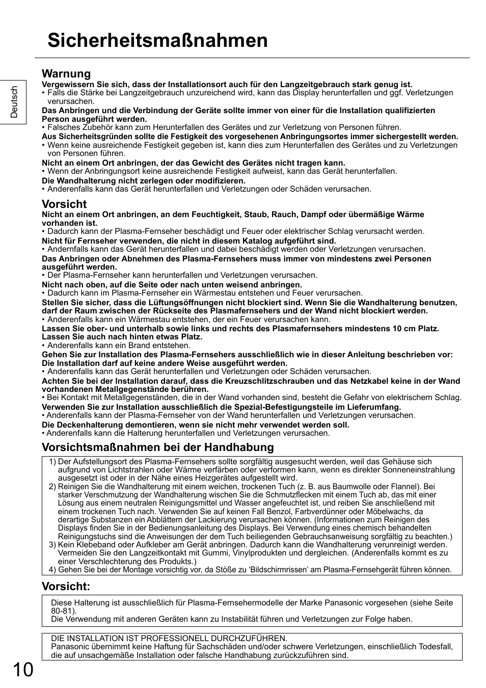 Sicherheitsmaßnahmen, Warnung, Vorsicht | Vorsichtsmaßnahmen bei der handhabung | Panasonic TYWK5P1RW User Manual | Page 10 / 90