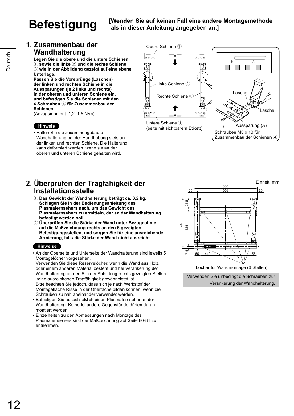 Befestigung, Zusammenbau der wandhalterung | Panasonic TYWK5P1RW User Manual | Page 12 / 90