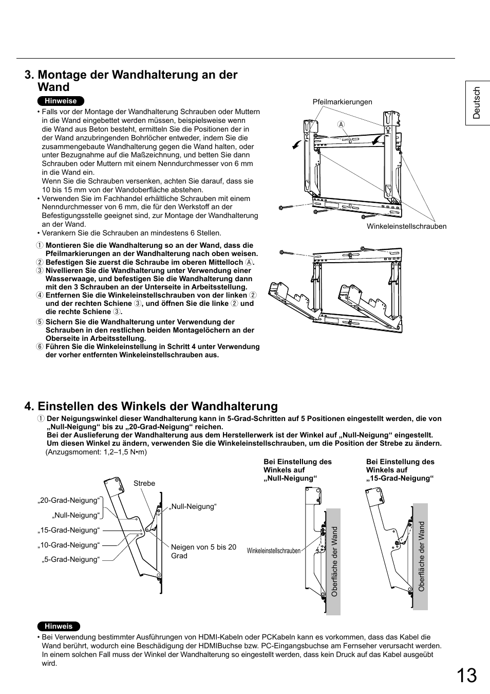 Montage der wandhalterung an der wand, Einstellen des winkels der wandhalterung | Panasonic TYWK5P1RW User Manual | Page 13 / 90